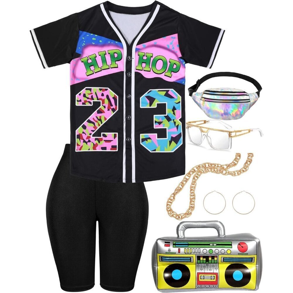 80s/90s Women Hip Hop Costume Kit Fanny Pack Gold Chain Glasses